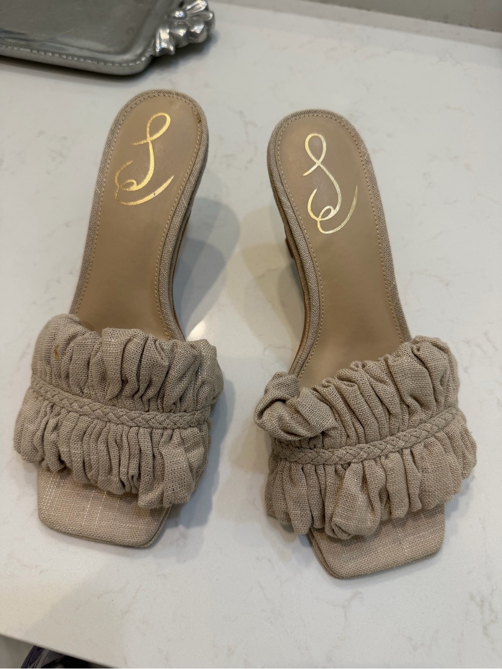 Sam Edelman Beige Ruffle Slide Mules